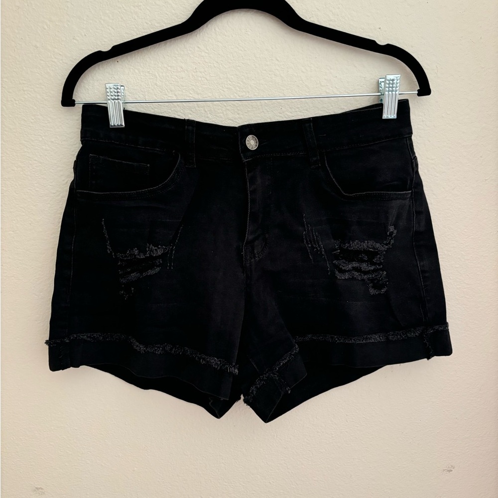 Black Cuffed Ripped Jeans Shorts